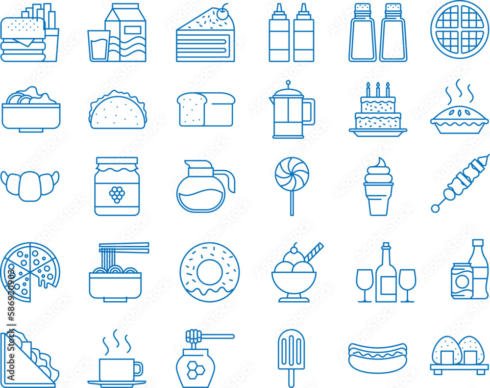 Sticker Food line icon set, 30 restaurant food line icon set blue vector