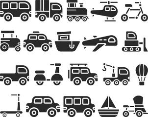 Vehicles icon set, 20 transportation vehicle icon set black vector 