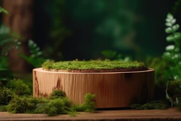 wooden box covered in lush green moss. Generative AI