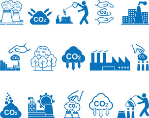 Co2 gas icon set, gas capture icon set blue vector
