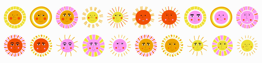 Smiling sun, abstract personage, mascot design, funny face, cute icon.