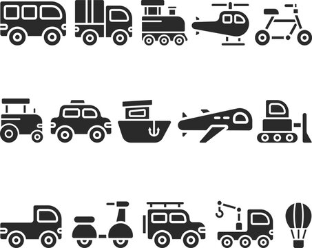 Vehicles icon set, 15 transportation vehicle icon set black vector