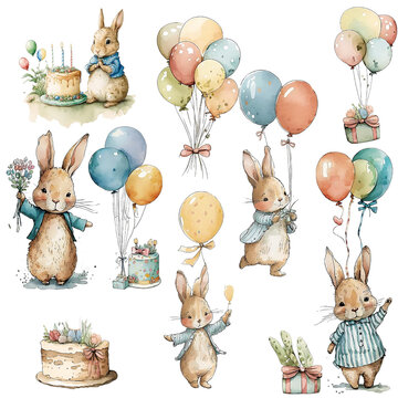 A watercolor vintage illustration of a collection of birthday bunny elements scrapbook