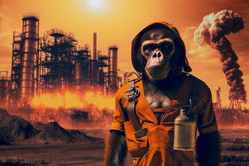 A monkey stands in front of chemicals above the factory. Generative AI.
