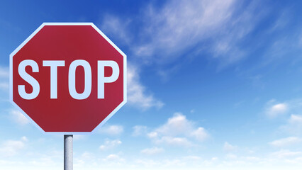 Close up shot of a red stop sign on a blue sky background. Copy space for text.