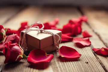gift box with a bow and rose petals on a wooden table. Generative AI