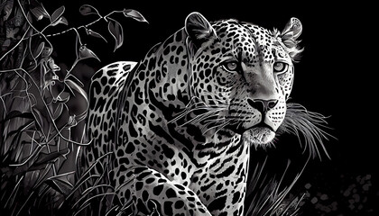 Black and White Natural wild Jaguar - Generative AI 