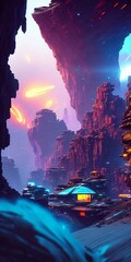 futuristic fantasy landscape, house in the rocks, another planet, Generative AI