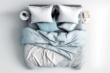 Mockup of a set of bedding items. upper view of the sheets. Isolated white bed. Grey and blue sheets. bed sheet, duvet, and pillows. Generative AI