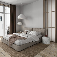 Minimal japenese bedroom interior. Bed with blanket and pillows, carpet on hardwood floor. Mockup empty white wall side view. 3d rendering. High quality 3d illustration