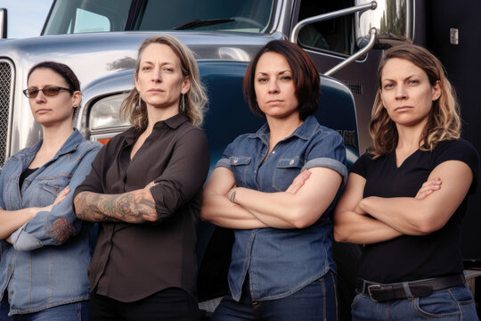 Women truckers united, promoting diversity and fostering inclusive empowerment in the workplace. Generative AI.  