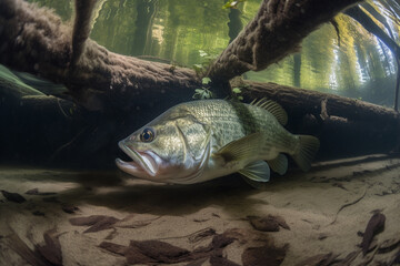 largemouth bass under water at a flooded bridge generated by ai