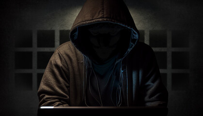 Naklejka na ściany i meble Anonymous computer hacker in front of a laptop