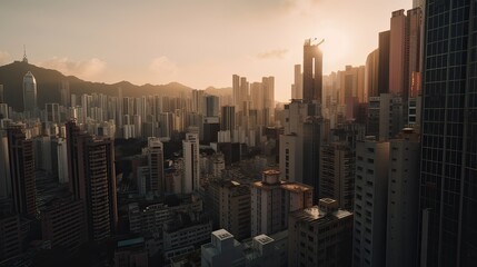 A beautiful and dramatic panoramic photograph of the city skyline, taken on a golden evening after sunset. Generative Ai.
