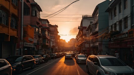 Naklejka premium A beautiful and dramatic panoramic photograph of the city skyline, taken on a golden evening after sunset. Generative Ai.
