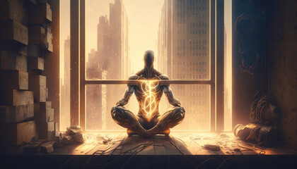 Obraz na płótnie Canvas yoga pose An android meditating in Lotus pose against.Generative AI.