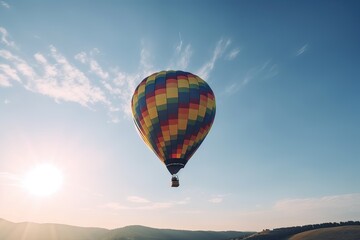 Fototapeta premium Colorful hot air balloon flying on sky at sunset. travel and air transportation concept. Generative Ai.