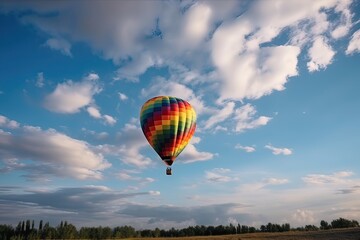 Fototapeta premium Colorful hot air balloon flying on sky at sunset. travel and air transportation concept. Generative Ai.