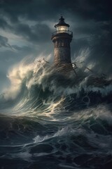 illustration of lighthouse on a rain and storm filled and giant waves crashing  lighthouse atnight with a beam of light shining out to sea. Generative Ai.