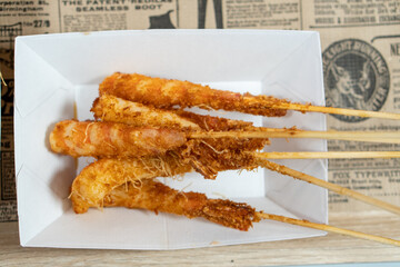 Panko battered prawns. Food concept.
