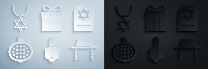 Set Hanukkah dreidel, Torah scroll, Pomegranate, Orthodox jewish hat, Gift box and Star of David necklace on chain icon. Vector