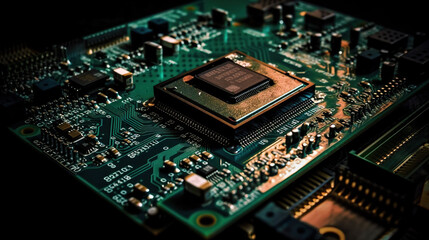 Electronic chip circuit board, CPU, microprocessor technology. AI generated