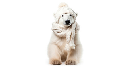 Polar bear with wool winter scarf. Isolated white. Generative AI