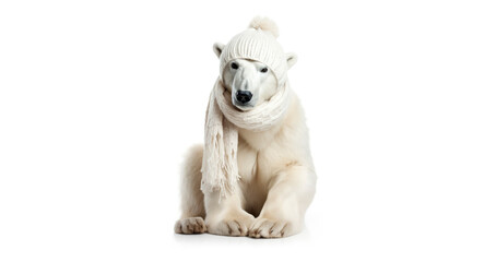 Obraz premium Polar bear with wool winter scarf. Isolated white. Generative AI