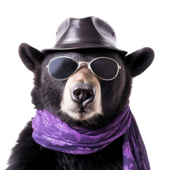 an isolated cool Black Bear(Ursus americanus) with sunglasses, front view, preservation, Wildlife-themed, photorealistic cheeky, illustration on a transparent background cutout in PNG. Generative AI