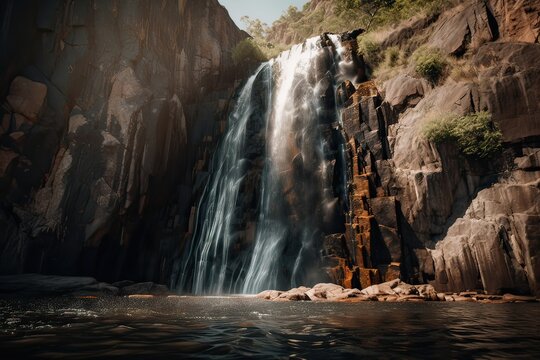 Great view on waterfall with colorful sky during sunset. Wonderful Nature landscape. Travel is a Lifestyle, concept. Iceland popular place of travel and touristic location. Generative Ai.