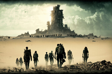 Post-apocalyptic wasteland, group of survivors makes their way across a barren landscape. As they crest a hill, they see a massive fortress in the distance, surrounded by a sea of zombies. Ai