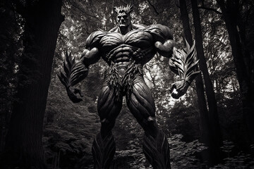In the midst of a dark and ominous forest, a towering figure looms over the trees. The devil man stands at staggering 12 feet tall, his muscular frame rippling with veins and tendons. heroic pose. Ai.