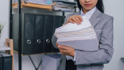 Holding stack of papers, Young confident asia people entrepreneur ceo female business woman broker...