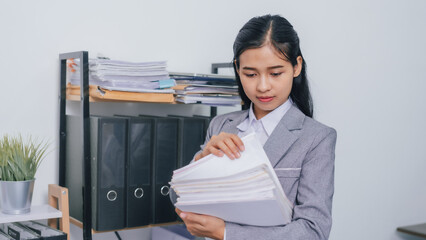 Holding stack of papers, Young confident asia people entrepreneur ceo female business woman broker...