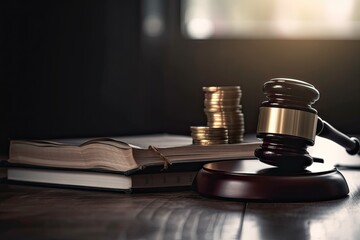 Judge gavel with Justice lawyers having team meeting at law firm in background. Concepts of law. Generative Ai