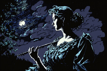 Midnight Serenade. a lone silhouette figure holding a violin under their chin, with their bow poised to play under a tree.The figure is a young musician, lost in thought as she prepare to play. Ai