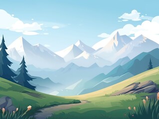 Obraz premium illustration of Flat summer cartoon landscape. Fields with trees and mountains in the background. Generative Ai.