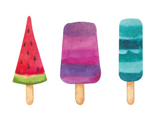 A set with three ice creams. Watercolor illustration. Food. Summer. Frozen juice. Ice. Collection. Bright and juicy. Art. Design. Beautiful.