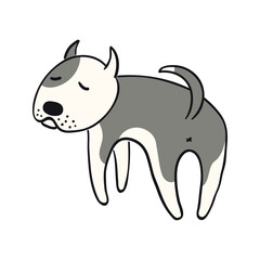 Cute cartoon sitting dog, puppy looking back funny character illustration. Hand drawn vector, isolated. Line drawing. Domestic animal logo. Design concept pet food, branding, business, vet, print