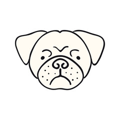 Pug dog, puppy face cute funny cartoon character illustration. Hand drawn vector, isolated. Line art. Domestic animal logo. Design concept pet food, branding, business, vet, print, poster