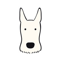 Scottish terrier dog, puppy face cute funny cartoon character illustration. Hand drawn vector, isolated. Line art. Domestic animal logo. Design concept pet food, branding, business, vet, print, poster