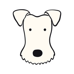 Fox terrier dog, puppy face cute funny cartoon character illustration. Hand drawn vector, isolated. Line art. Domestic animal logo. Design concept pet food, branding, business, vet, print, poster