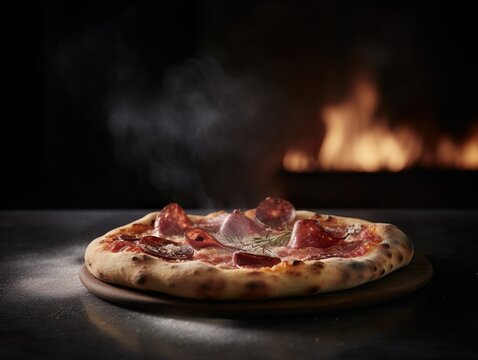 leckere Pizza vor dem Steinofen mit Feuer im Hintergrund, generative AI