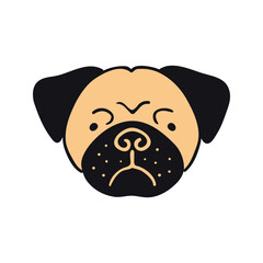 Pug dog, puppy face cute funny cartoon character illustration. Hand drawn vector, isolated. Line art. Domestic animal logo. Design concept pet food, branding, business, vet, print, poster