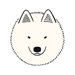 Samoyed dog, puppy face cute funny cartoon character illustration. Hand drawn vector, isolated. Line art. Domestic animal logo. Design concept pet food, branding, business, vet, print, poster