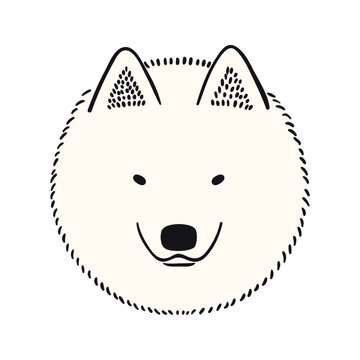 recommend clip art: Samoyed dog, puppy face cute funny cartoon character illustration. Hand drawn vector, isolated. Line art. Domestic animal logo. Design concept pet food, branding, business, vet, print, poster