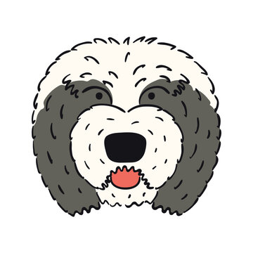 Old English Sheepdog, Puppy Face Cute Funny Cartoon Character Illustration. Hand Drawn Vector, Isolated. Line Art. Domestic Animal Logo. Design Concept Pet Food, Branding, Business, Vet, Print, Poster