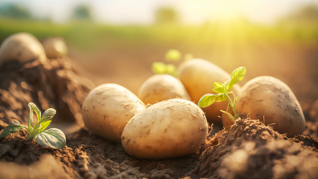 Natural young potatoes on field on blurred village area landscape in golden hour. Harvest, new crop and local farm vegetables concept . Organic potatoes. Close up. Selective focus. Generation ai