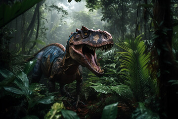 Dangerous carnivorous dinosaur in the forest. Generative AI