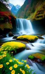 Yellow flowers and a waterfall in forest, mountains in the background. Generative AI.